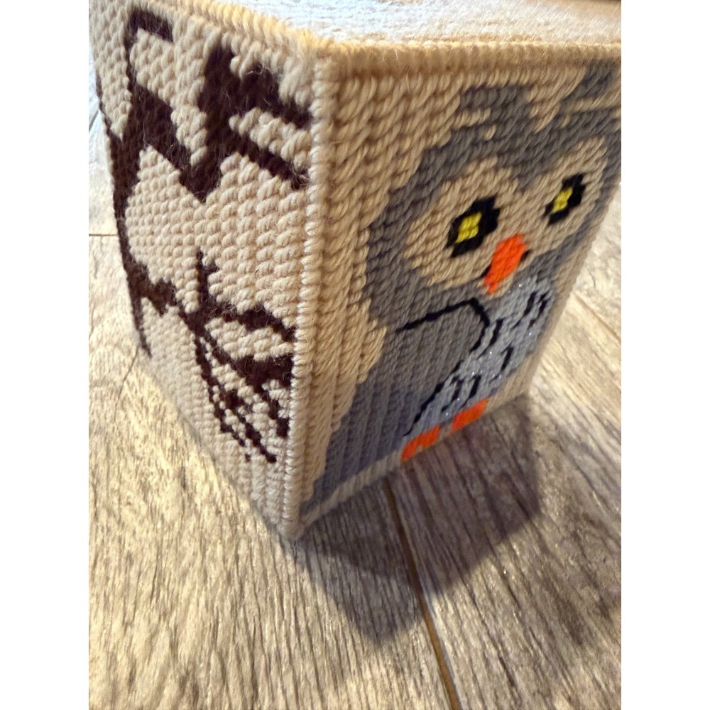 Needlepoint Tissue Box Cover Owl Moon Plastic Canvas Handmade Home Halloween